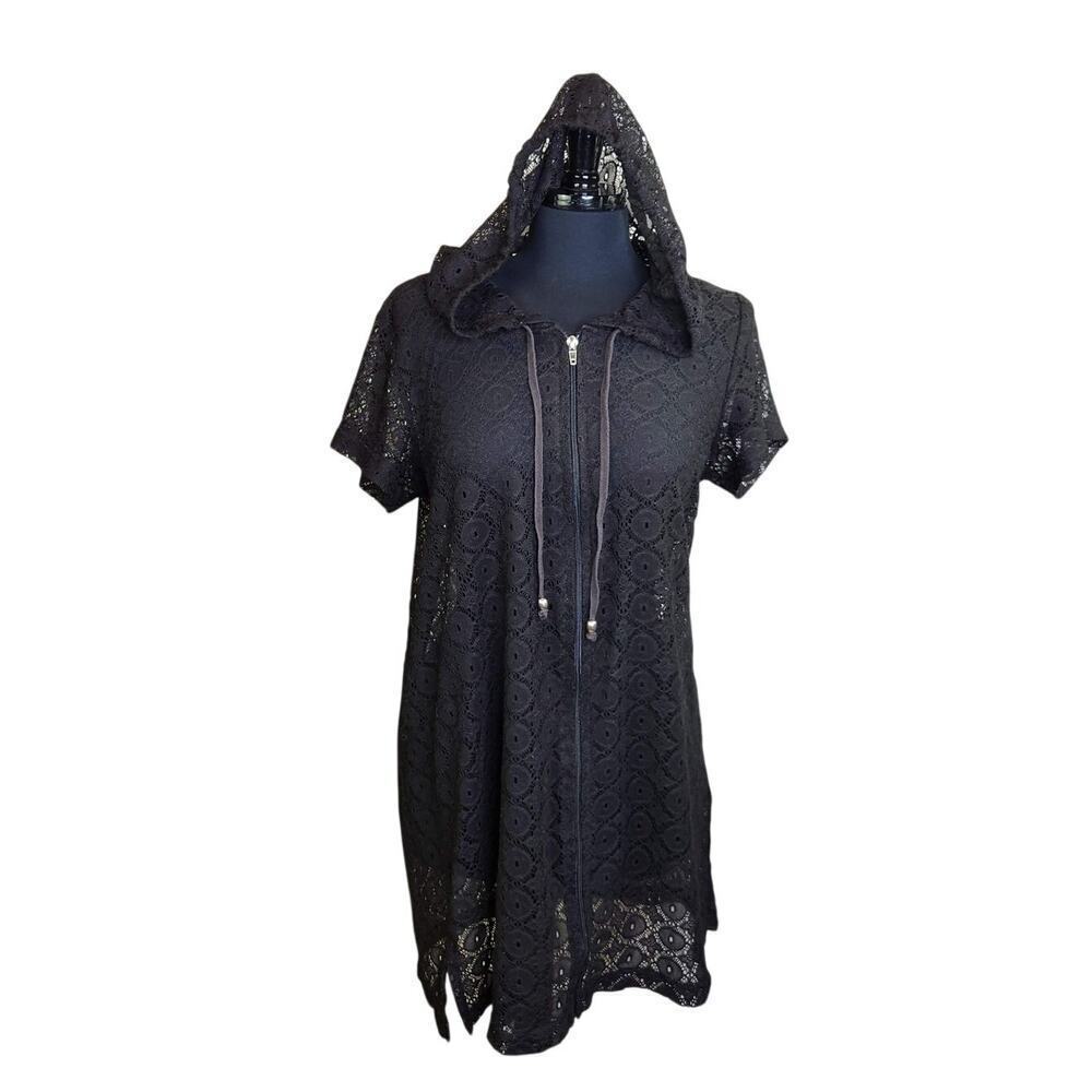 Jaclyn Smith Collection Black Lace Beach Cover Up Hooded Full Zip L - Picture 3 of 5